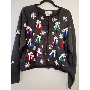 Mandal Bay Women's Black Ugly Christmas Sweater Cardigan Gifts Snowflakes L G
